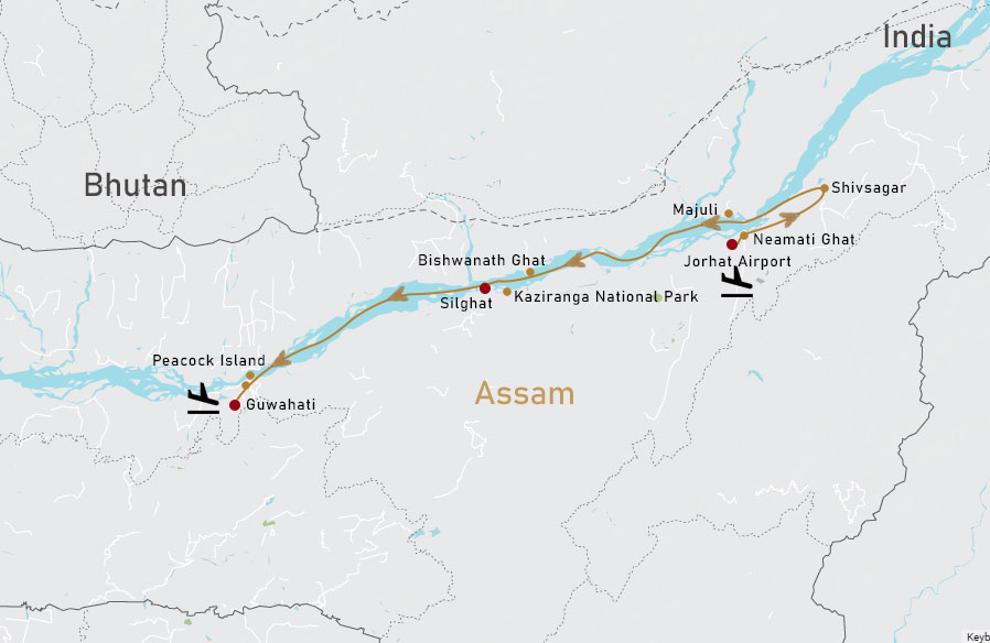 7 night Assam Cruise Downstream Map