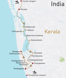 7night North to South Backwaters Kerala Cruise Map