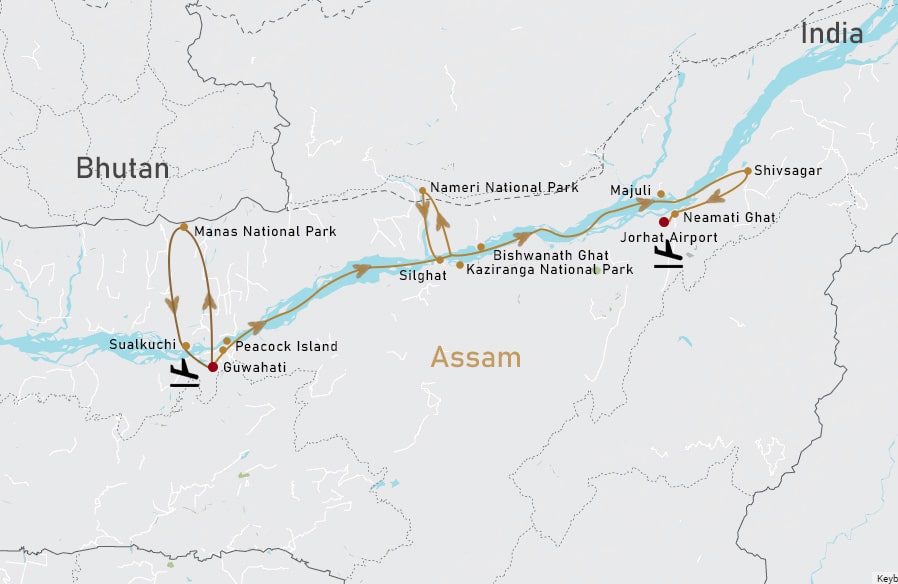 11 night Guwahati to Jorhat Upstream Cruise Map